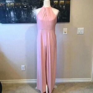 NWT Nina Leonard Soft Pink Twist Halter Knit Wide Leg Jumpsuit w/Pockets-Size M